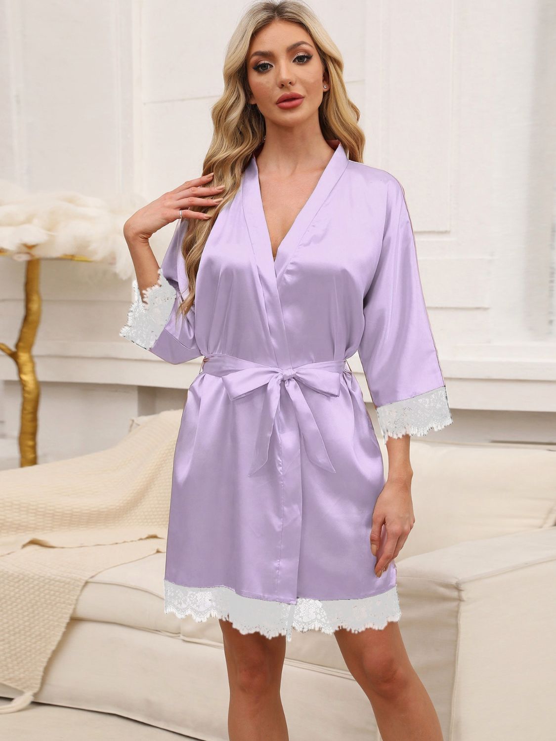 Tied Lace Detail Three-Quarter Sleeve Lounge Nightgown