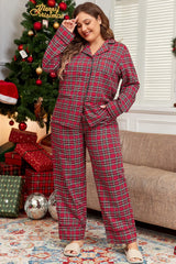 Plus Size Plaid Collared Neck Top and Pants Lounge Set