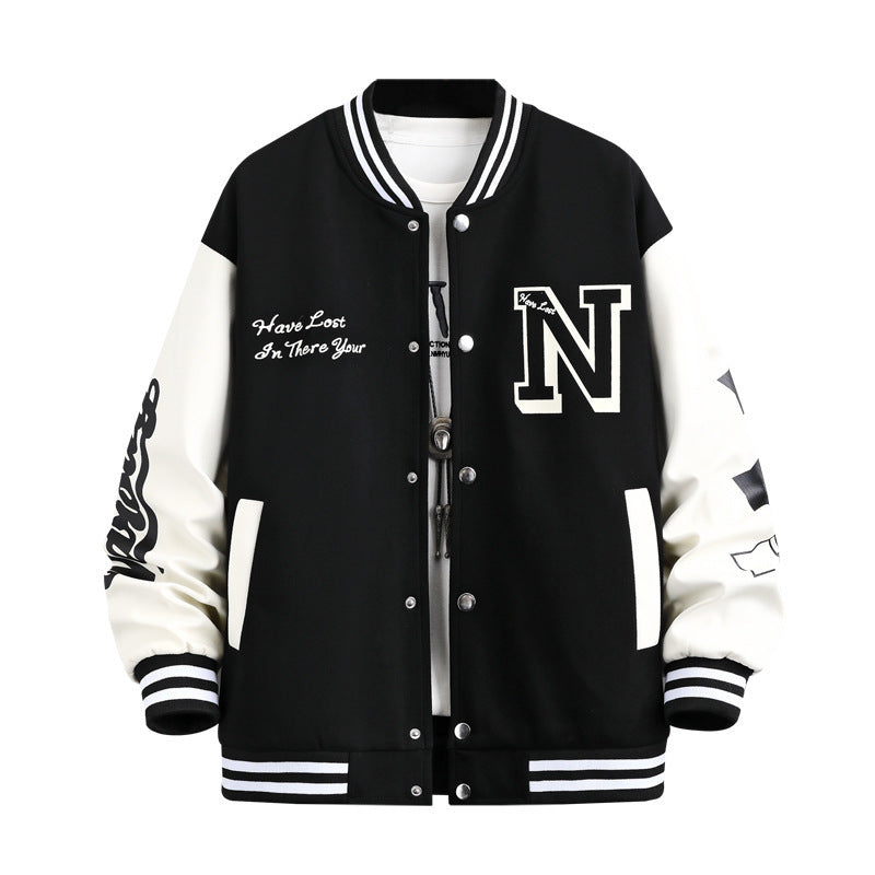 Letter Print Color Block Jacket Ins Fashion Loose Button Round Neck Baseball Coat Top For Men