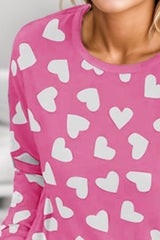 Heart Print Round Neck Top and Shorts Lounge Set