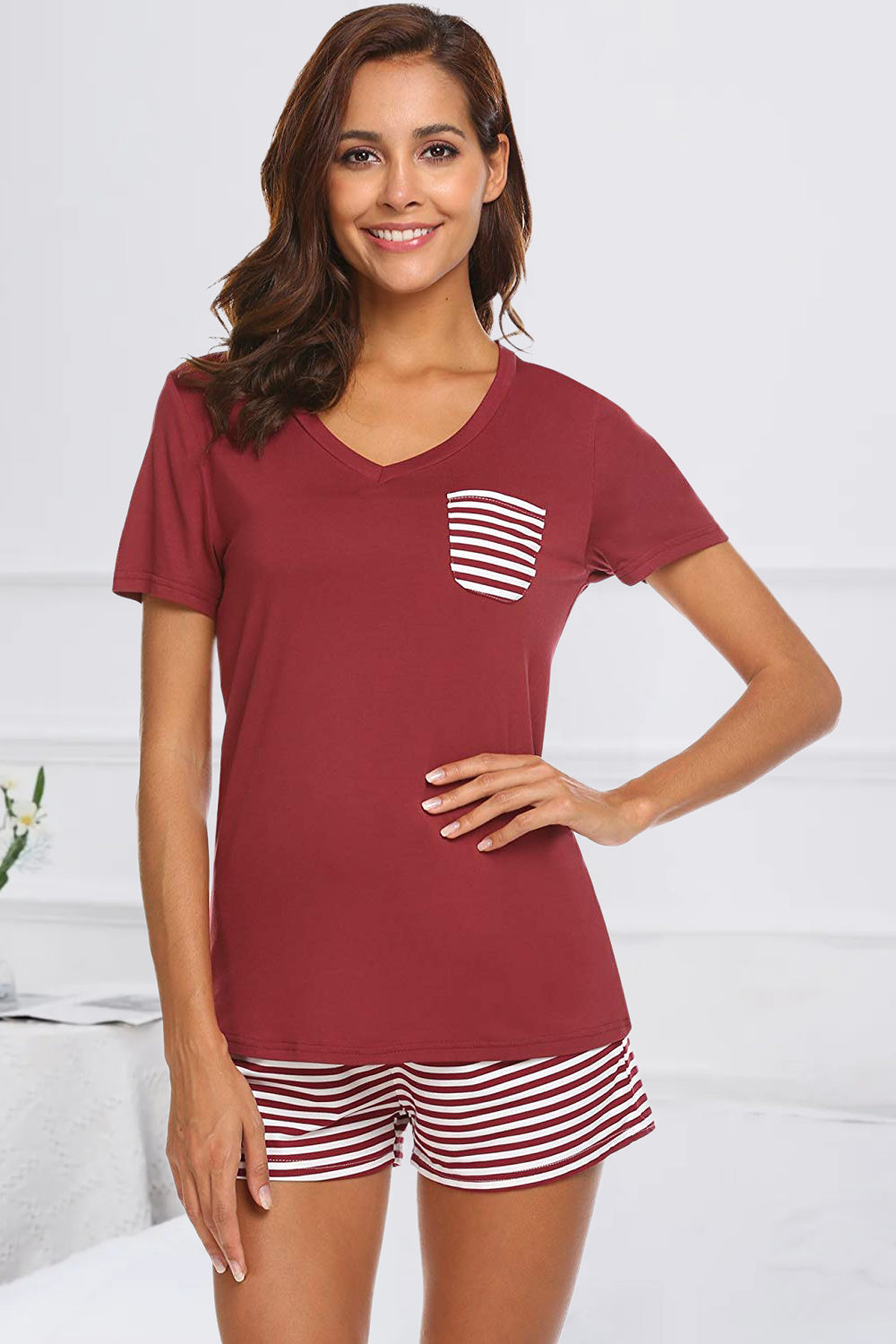 Striped Short Sleeve Top and Shorts Lounge Set