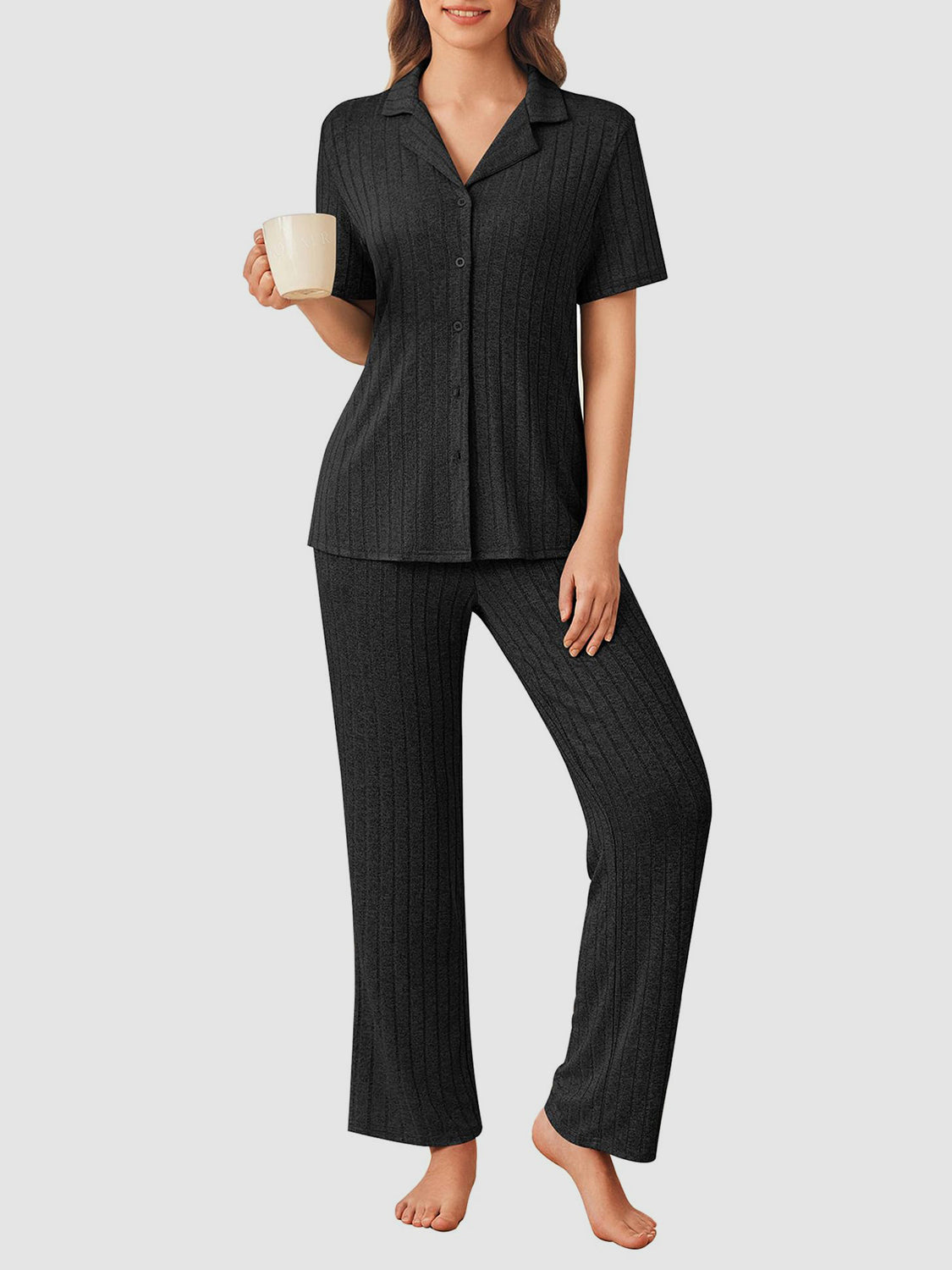 Button Down Long Sleeve Top and Pants Lounge Set