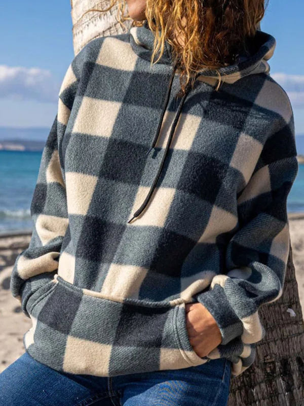 New Checkered Printed Loose Pullover Hooded Sweater